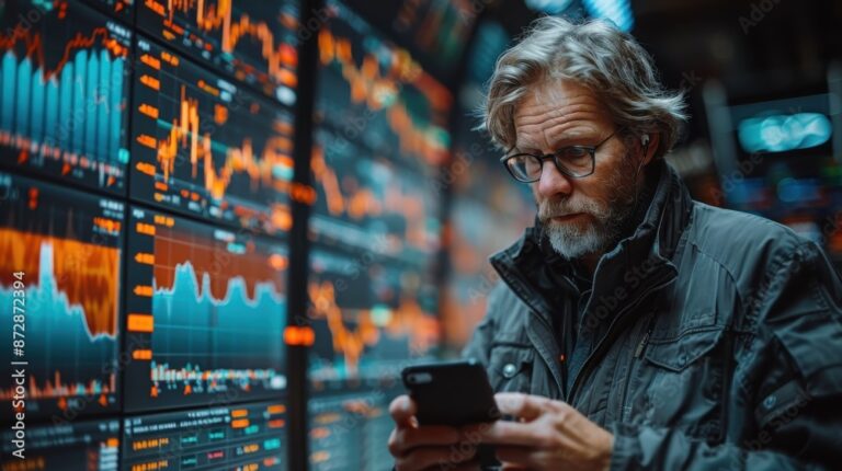 Man analyzing stock market trends on his phone, with charts and data displayed in the background, reflecting on what could be the impact of the Google Incognito lawsuit on the tech industry.